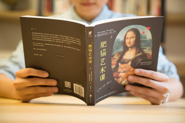 Person reading a book with 'Fat Cat Art' cover featuring Mona Lisa and a cat.