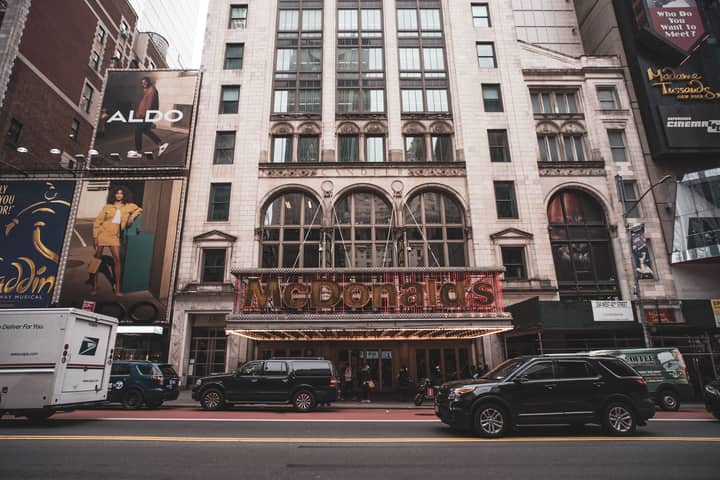 Lively scene outside McDonald's in the bustling New York City street, showcasing urban life.