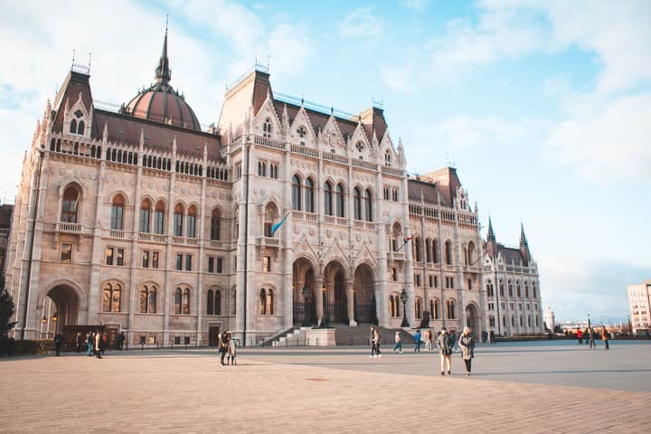 Exterior view of the Hungarian Parliament Building in Budapest, a famous architectural landmark.