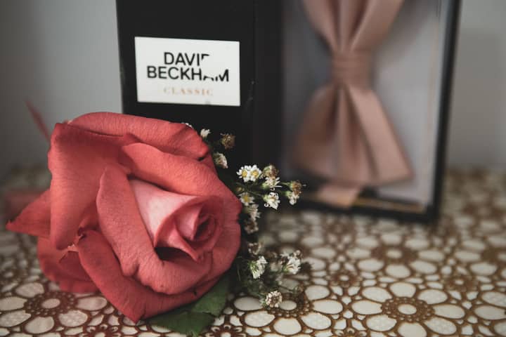 Colorful blossoming flower near present box with trendy bow tie on ornamental cloth