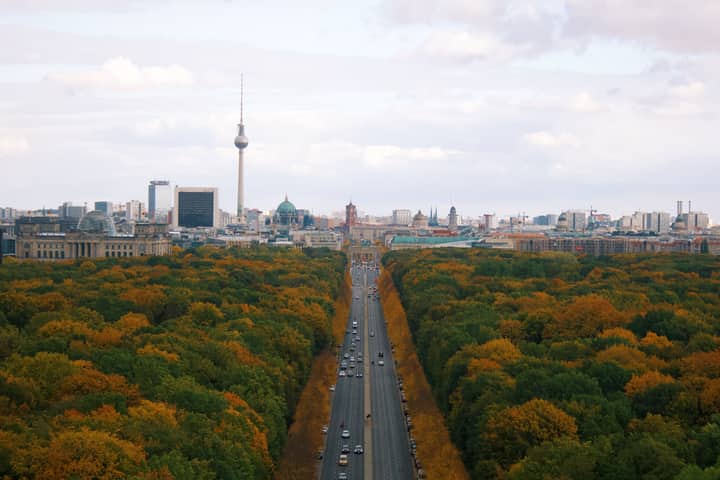 Stunning autumn cityscape of Berlin with the Tiergarten and TV Tower in the background.