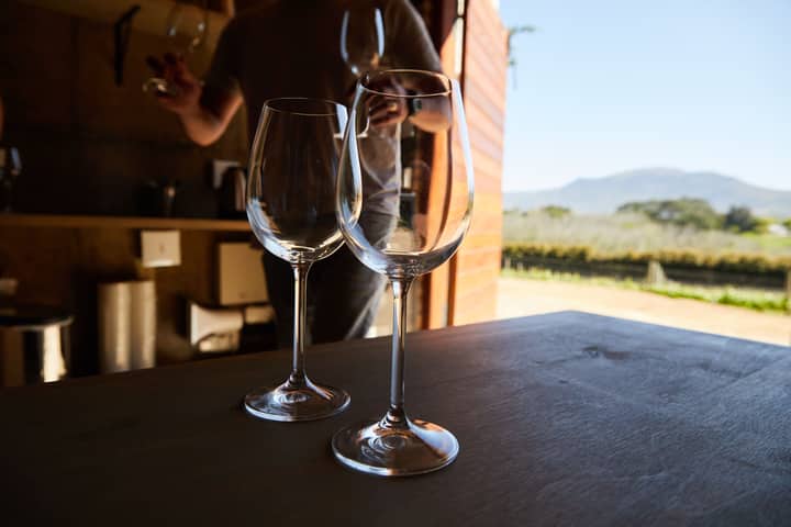 Close-up of wine glasses with a vineyard and mountains in the background.