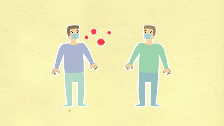 Paper cutout of men in protective masks surrounded with contagious viruses keeping social distancing on yellow background during coronavirus epidemic