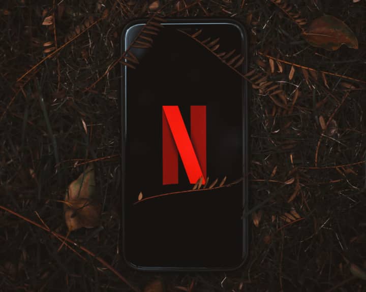 Smartphone with Netflix logo on screen, surrounded by dry leaves outdoors.