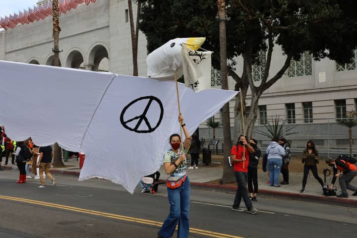 A protester in Los Angeles carries a peace dove banner with a peace sign during a march.