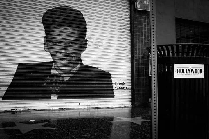 Black and white street art of Frank Sinatra in Hollywood's entertainment district.
