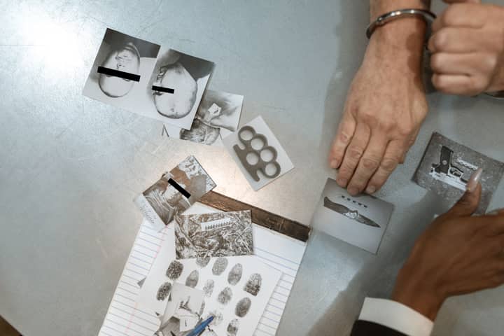 Hands of a handcuffed man examining criminal evidence with an officer.