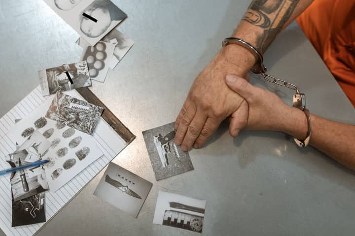 A handcuffed individual examines evidence photos and documents during an investigation.