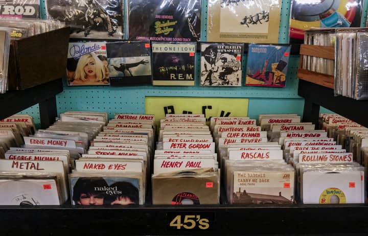 Explore a classic collection of vinyl records in a retro music store, featuring iconic albums and nostalgic vibes.