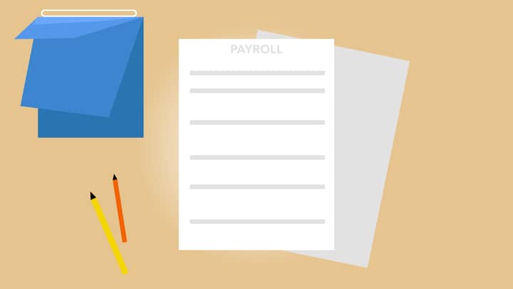 Vector illustration of payroll documents placed on beige desk near pencils and blue black calendar