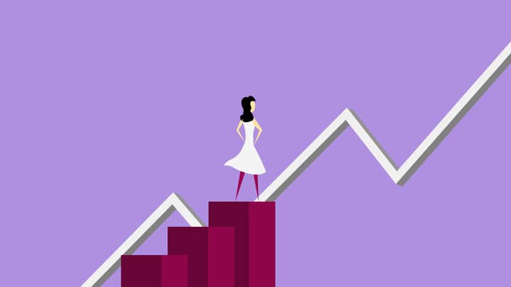 Isometric vector illustration of female character standing on column graph and analyzing rising line graph on violet background