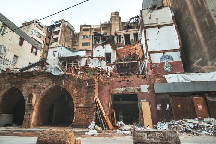 A striking view of damaged buildings in downtown Beirut, showcasing resilience amidst destruction.