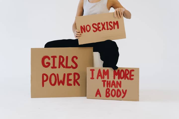 Studio shot of protest signs advocating women's empowerment and equality.