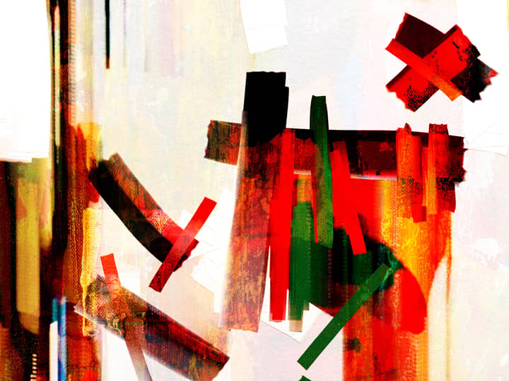 Vibrant abstract painting with bold red, green, and black strokes conveying dynamic energy.