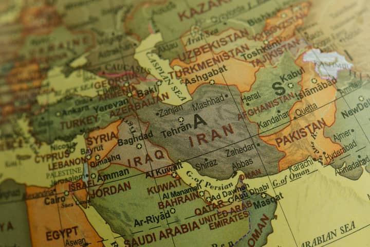 Close-up view of Middle East map highlighting countries and borders.