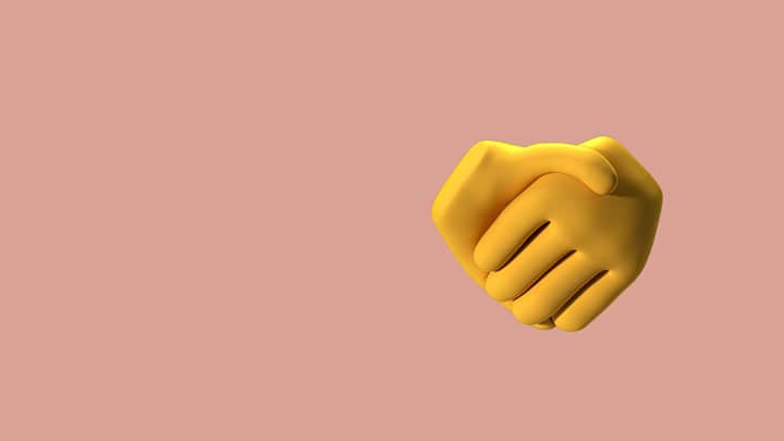 3D illustration of a yellow handshake emoji on a beige background, symbolizing agreement.