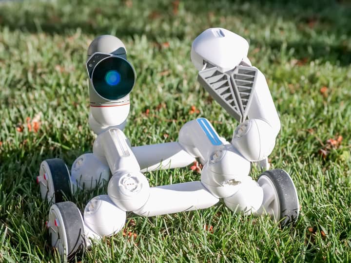 A modern robot with wheels exploring green grass, showcasing innovation and technology.