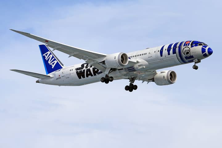 A Boeing 787 Dreamliner with Star Wars themed livery flying against a blue sky.
