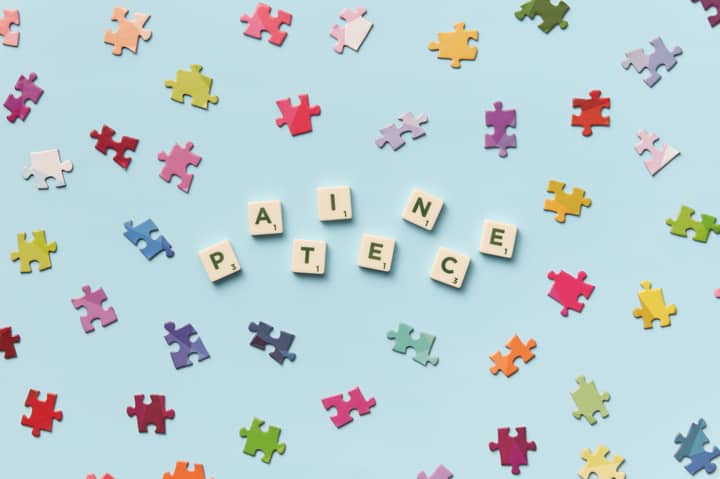 Scattered jigsaw puzzle pieces and Scrabble letters spelling 'PATIECE' on a light blue background.