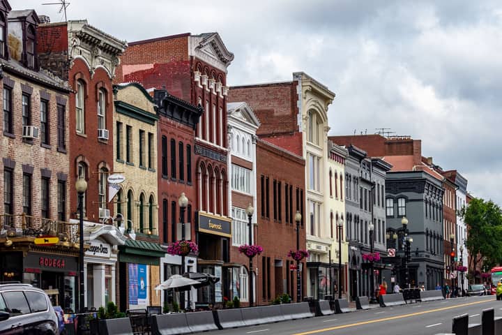 Charming historic architecture lining a street in Georgetown, Washington DC.
