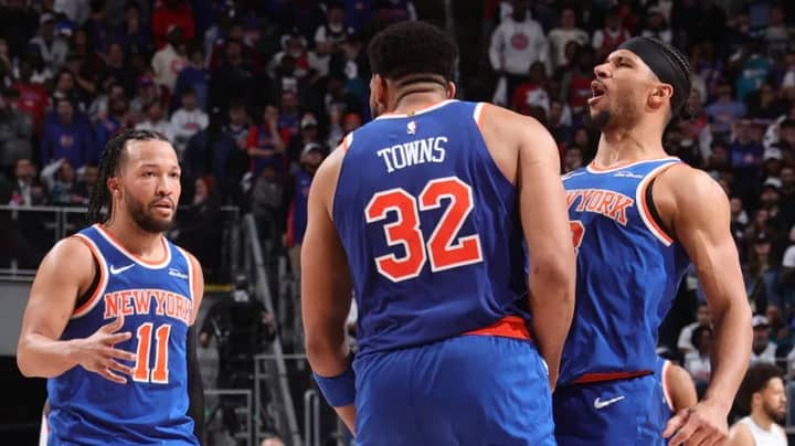 Karl-Anthony Towns celebrates Josh Hart's ability to hit clutch three-pointers